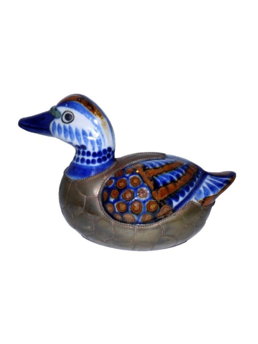 Ceramic glazed Duck decoy with Bronze overlay blue, white, brown 8" long 5" tall